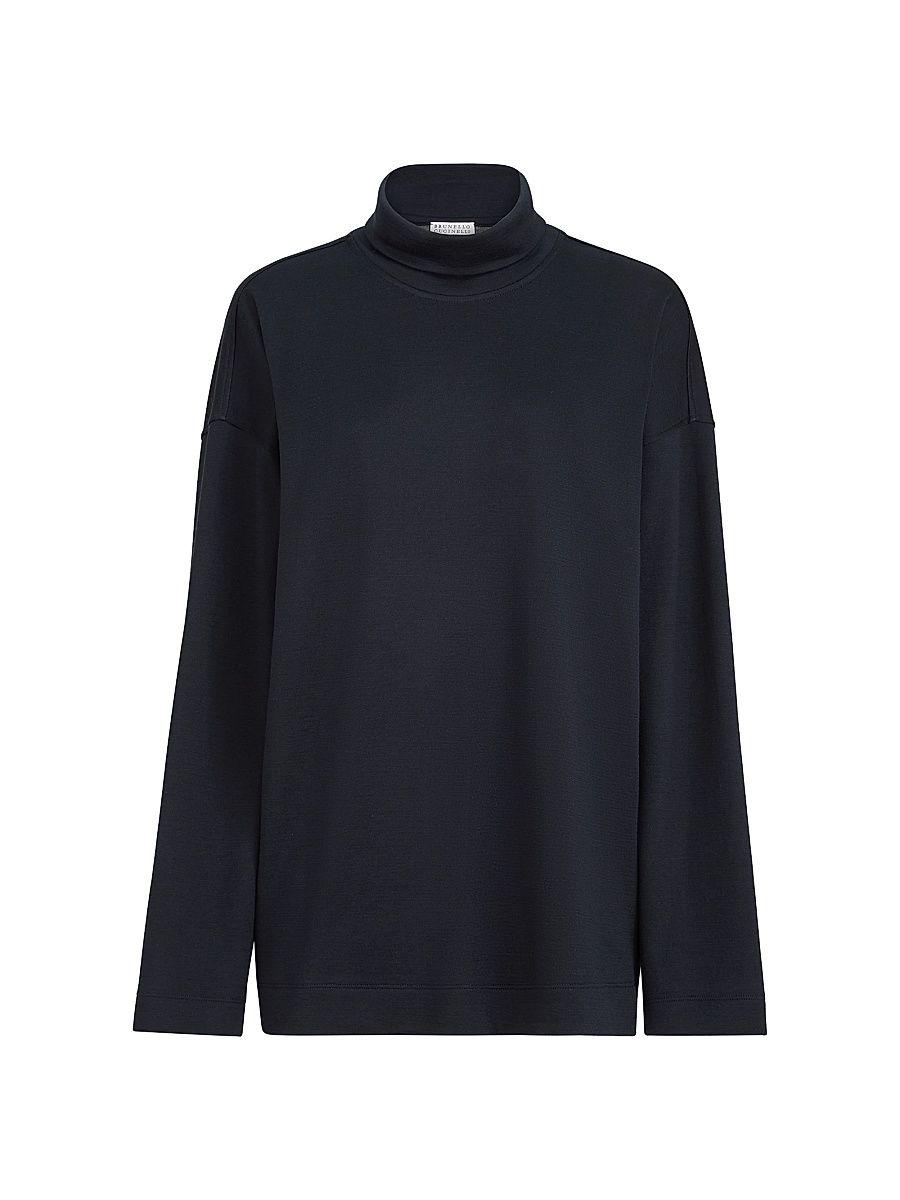 Women's Cotton and Silk Interlock Turtle-Neck Sweater - Night - Size Medium