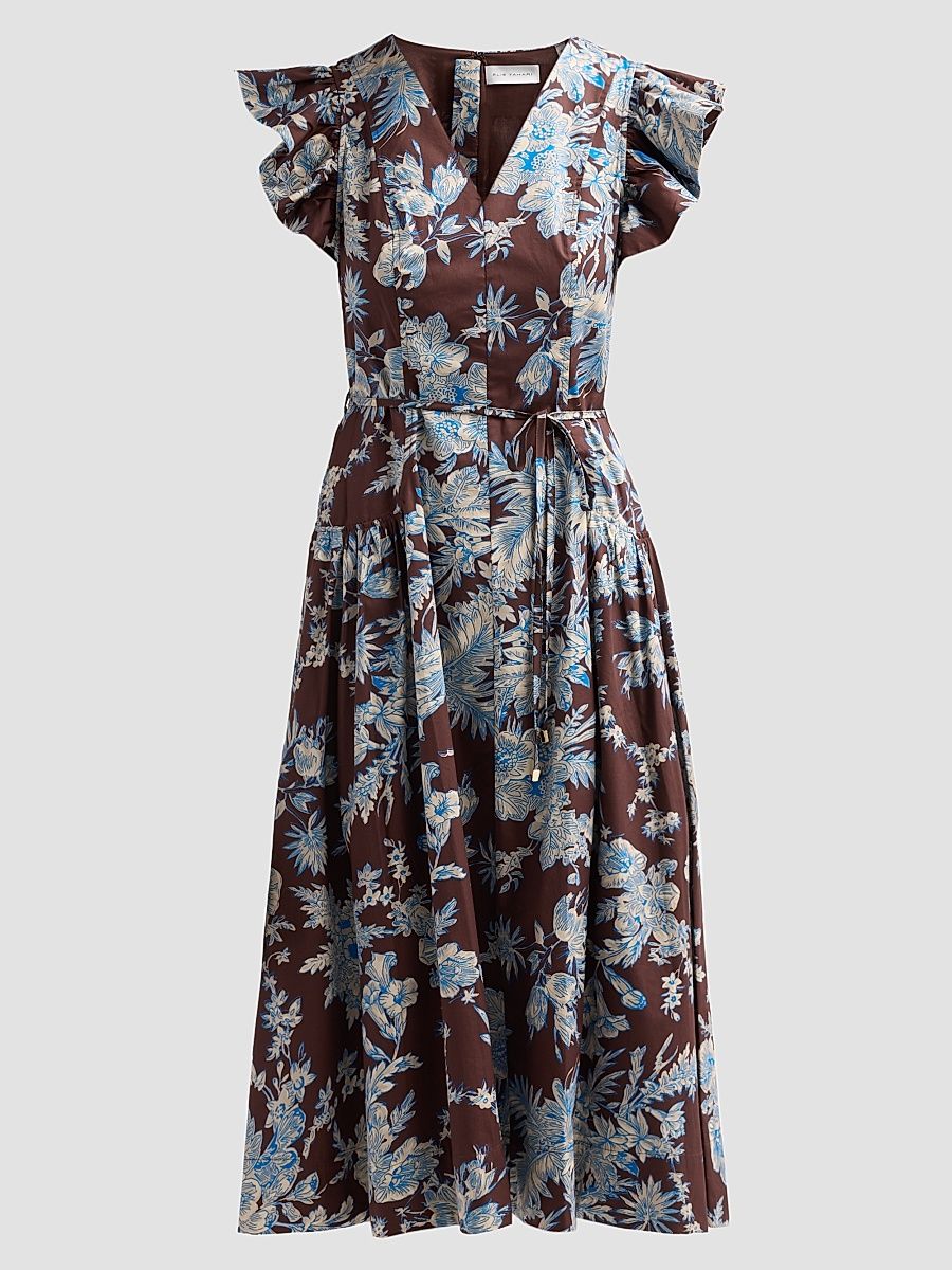 Women's The Eloise Floral Cotton Midi Dress - Floral Earth Print - Size 16