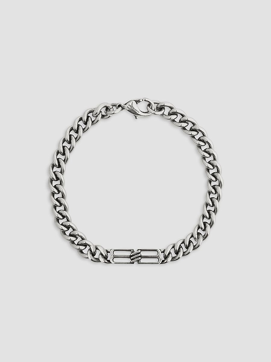Balenciaga Men's BB Icon Thin Gourmette Bracelet - Antique Silver - Size Medium