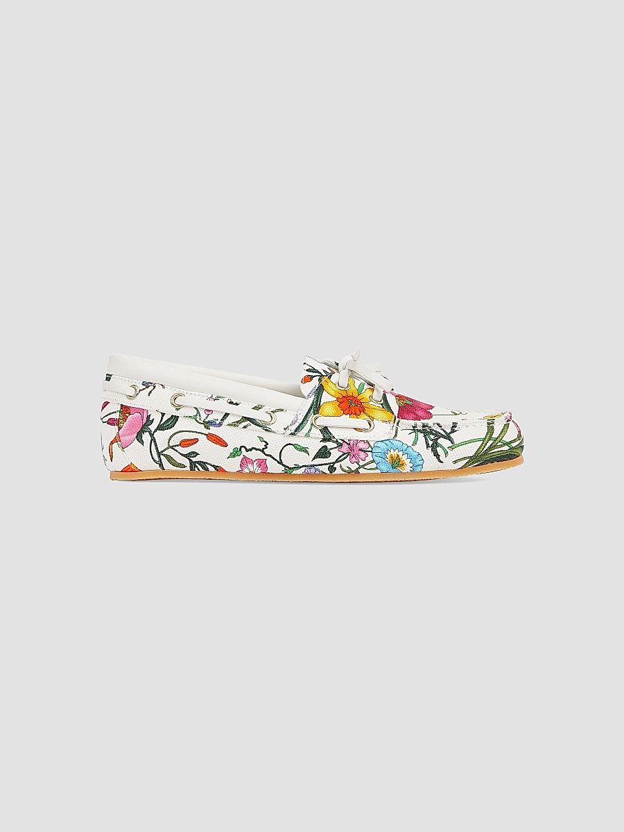 Gucci Women's Interlocking G Floral Boat Shoes - White Multicolor - Size 9