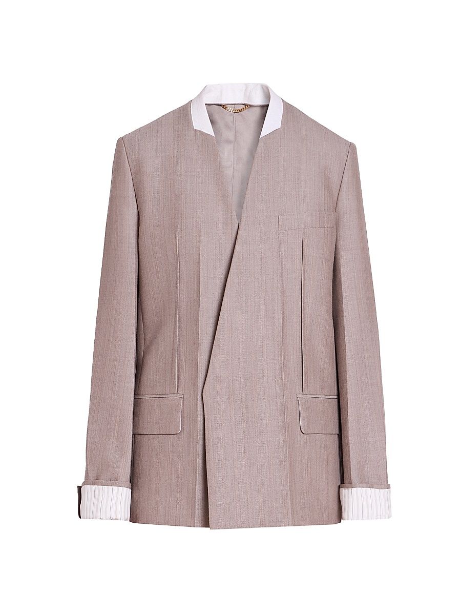 Women's Tailored Collarless Folded Wool Jacket - Limestone - Size 0