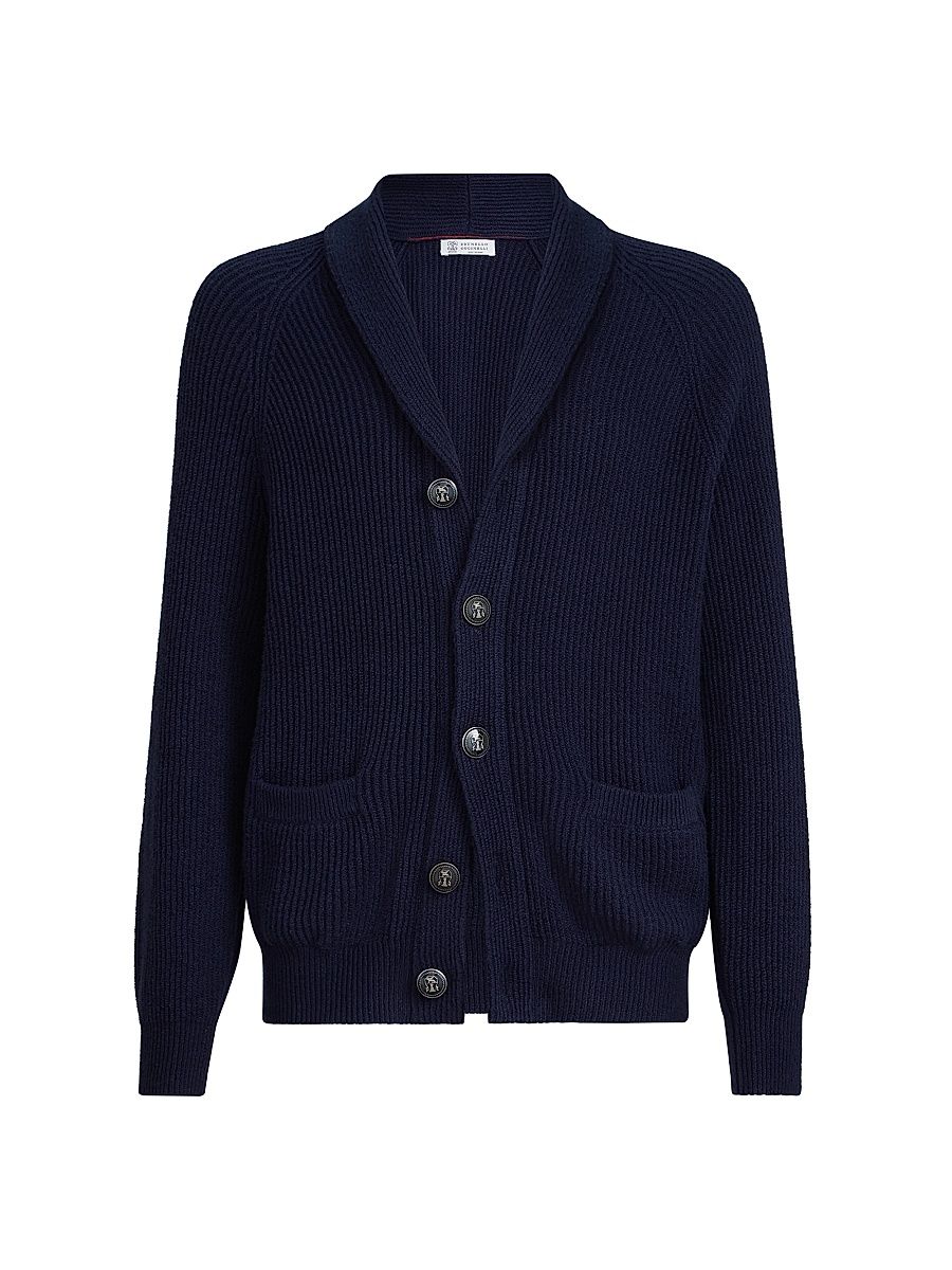 Men's Malfilé Cotton English Rib Cardigan with Raglan Sleeves - Navy Blue - Size 48
