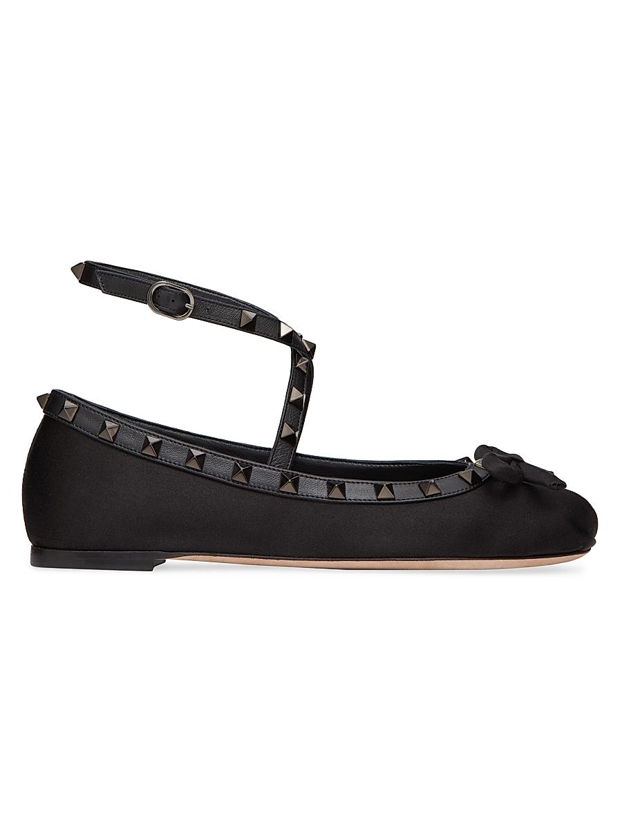Women's Rockstud Satin Ballerina Flats With Tone-On-Tone Studs - Black - Size 4.5