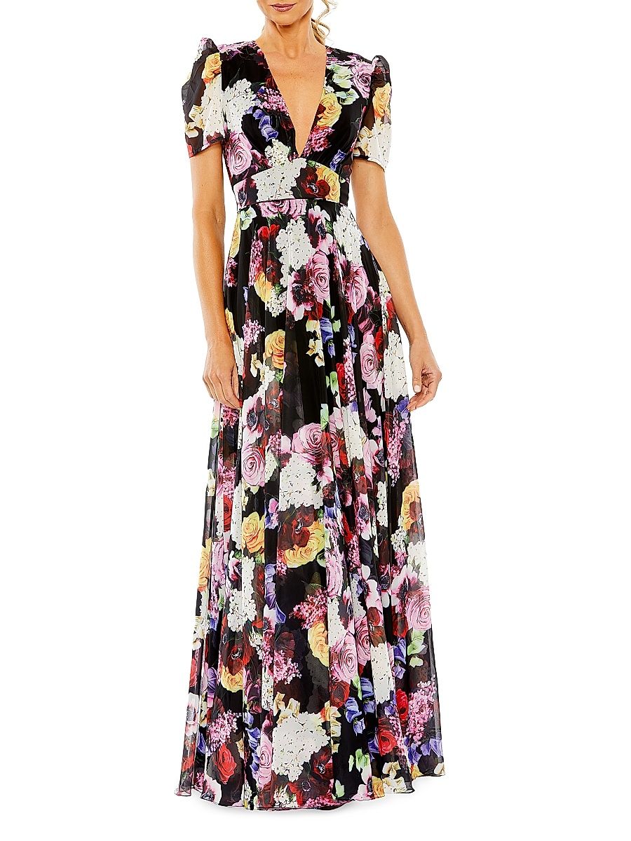 Women's Ieena Floral Chiffon Gown - Black Multi - Size 16