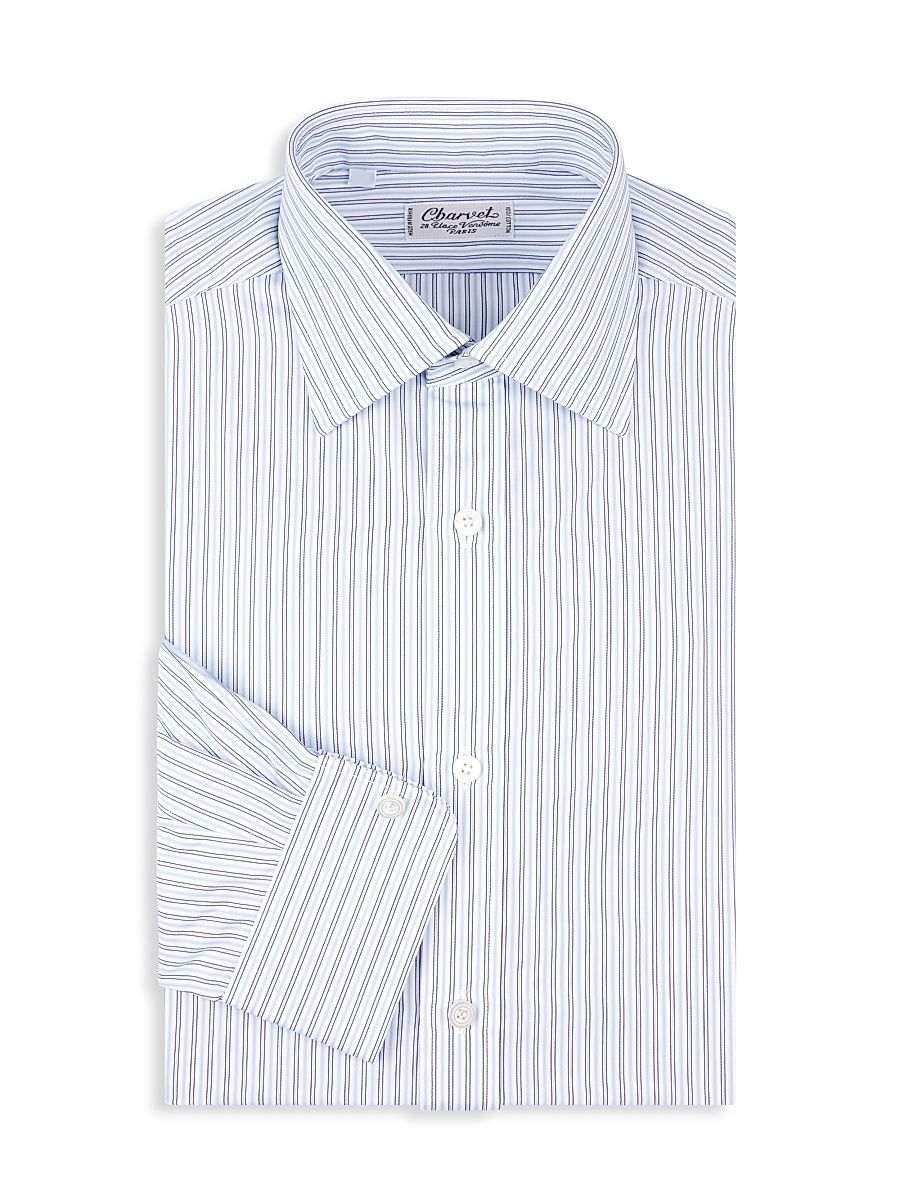Men's Striped Cotton Dress Shirt - Blue - Size 16