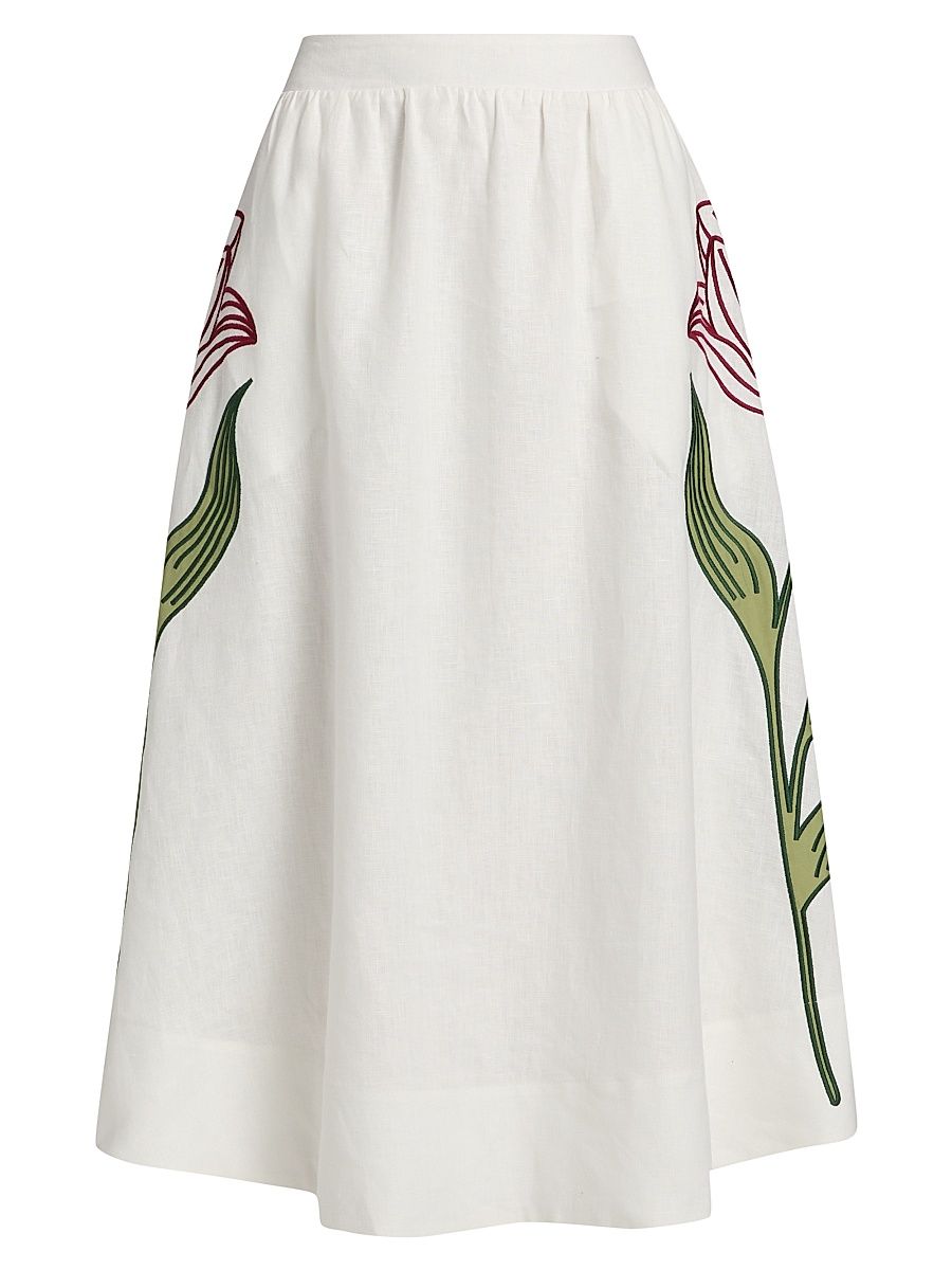 Women's Floral-Embroidered Linen Midi-Skirt - Off White - Size Large