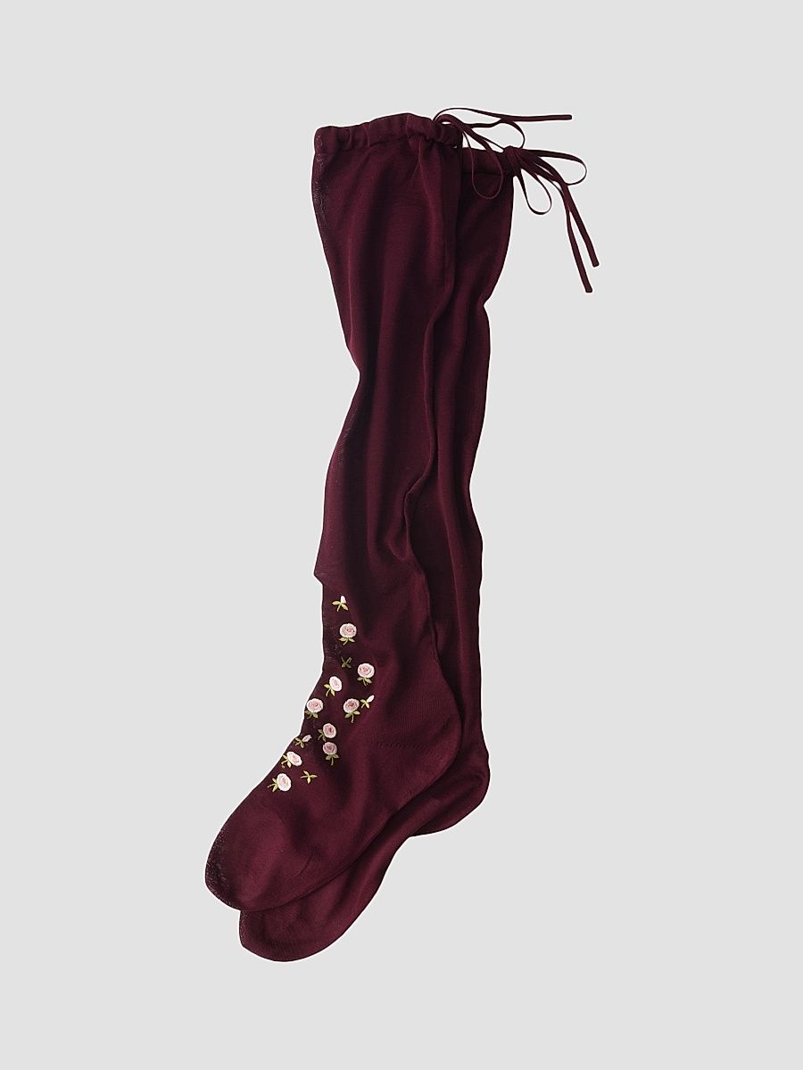 Women's Embroidered Over the Knee Cotton Socks - Dark Red - Size 3