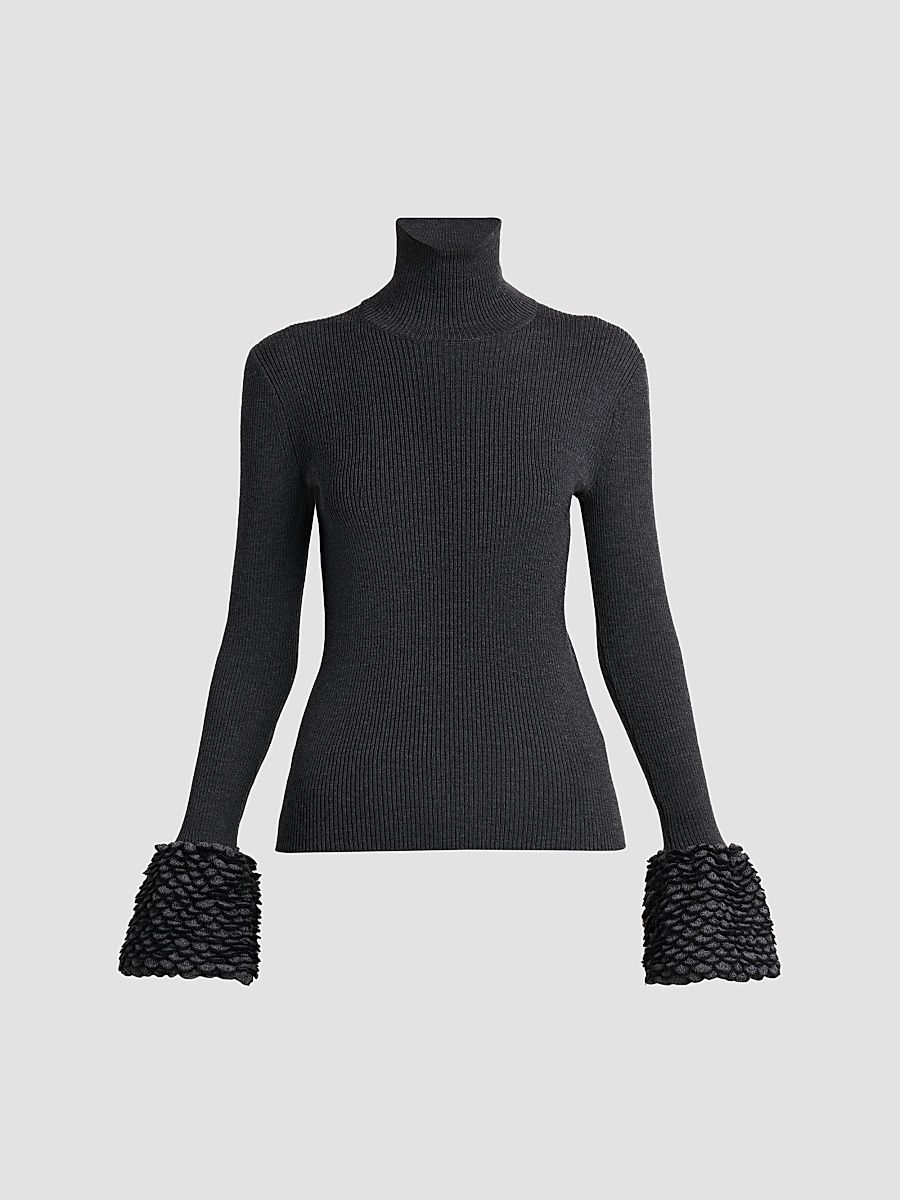 Women's Wool Rib-Knit Scalloped-Cuff Top - Grey - Size 10