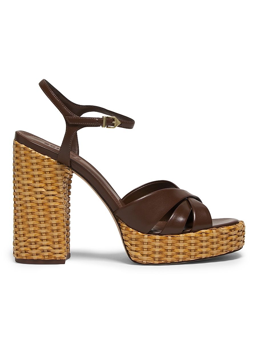 Women's Keefa Leather & Straw Block-Heel Sandals - Desert Brown - Size 6