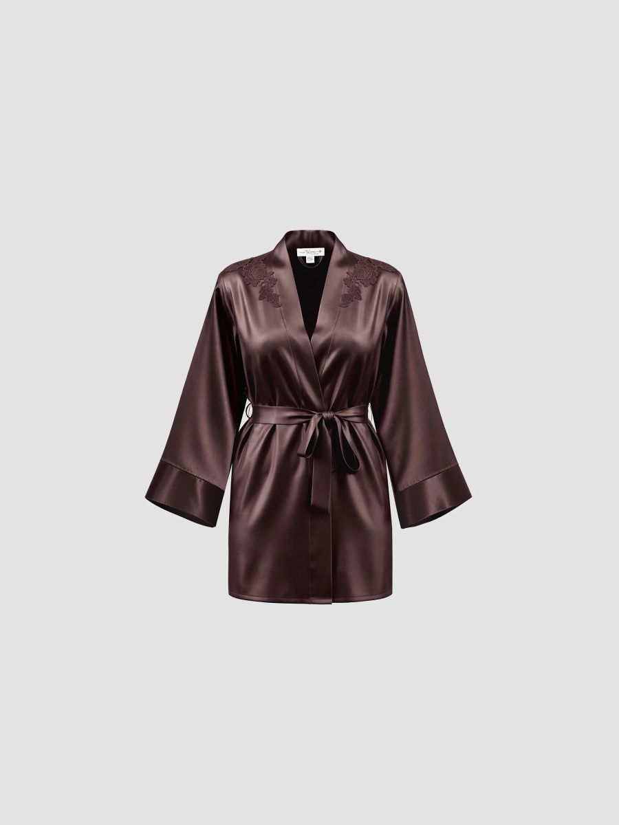 In Bloom Women's Maddie Statin Wrap Mini Robe - Chocolate - Size XL