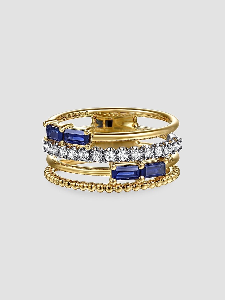 Gabriel & Co Women's Bujukan Two-Tone 14K Gold, Blue Sapphire & 0.20 TCW Diamond Multi-Band Ring - Yellow Gold - Size 7