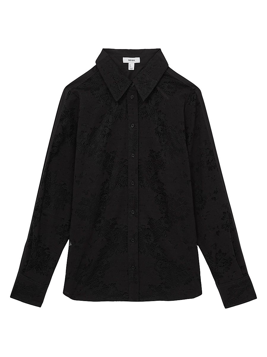 Women's Lacey Lace-Front Blouse - Black - Size 14