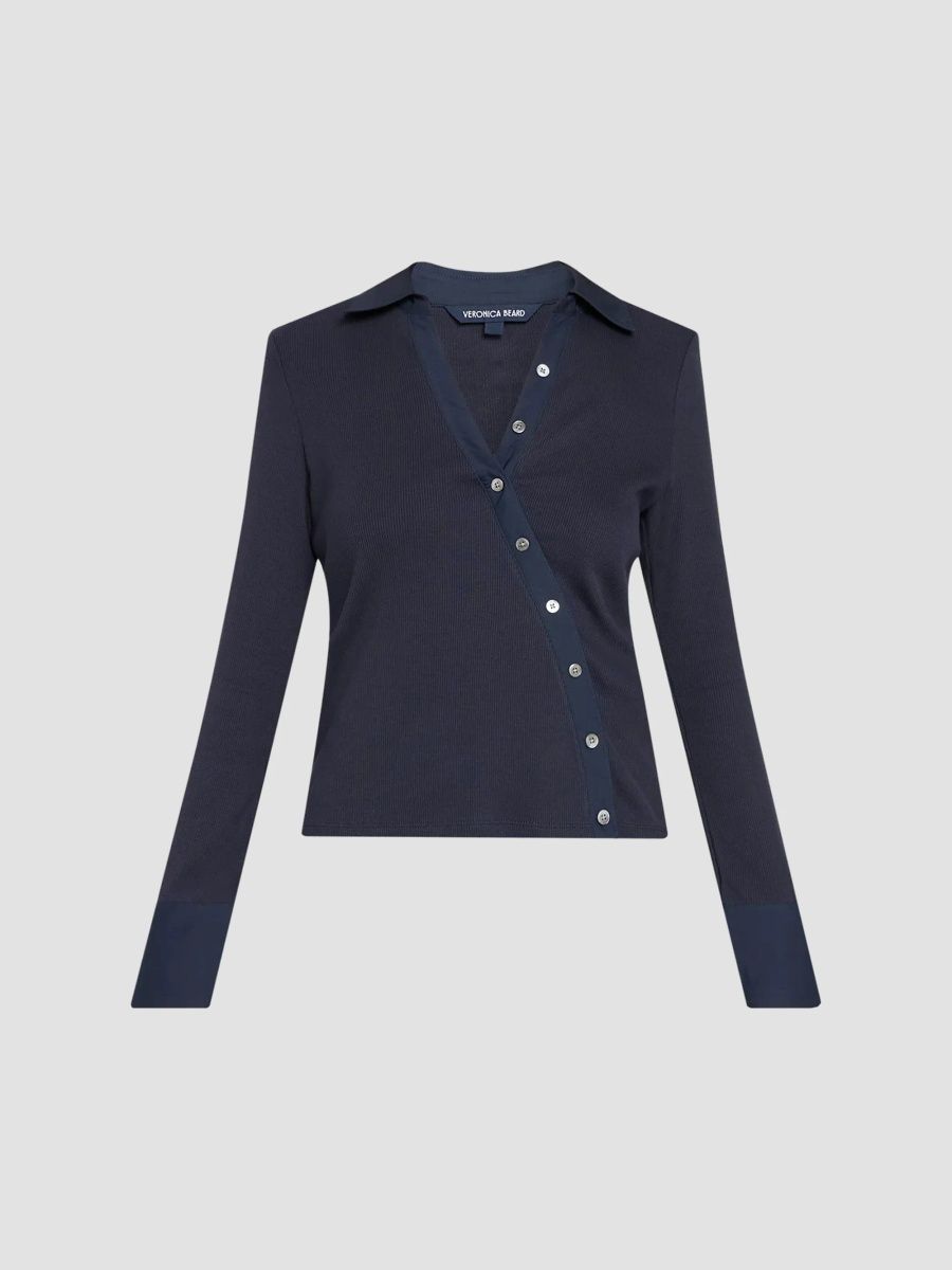 Veronica Beard Women's Brenner Asymmetric Button-Front Top - Navy - Size XL