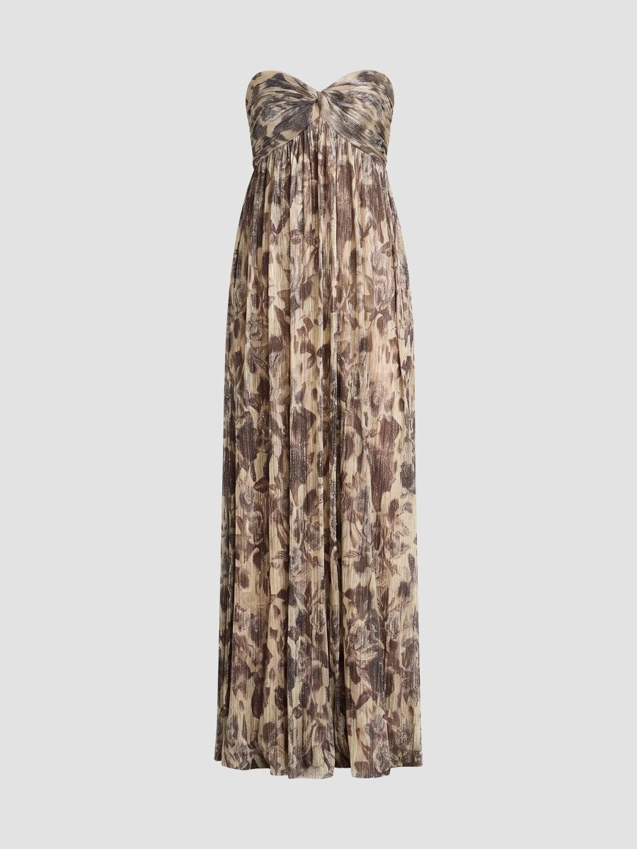Dress The Population Women's Floral Plissé Strapless Maxi Dress - Mocha Multi - Size Small