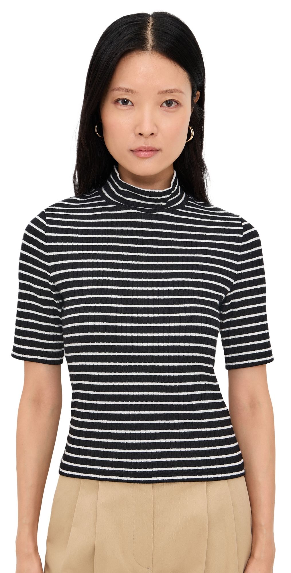 rag & bone The Knit Stripe Rib Turtleneck Tee Black multi L