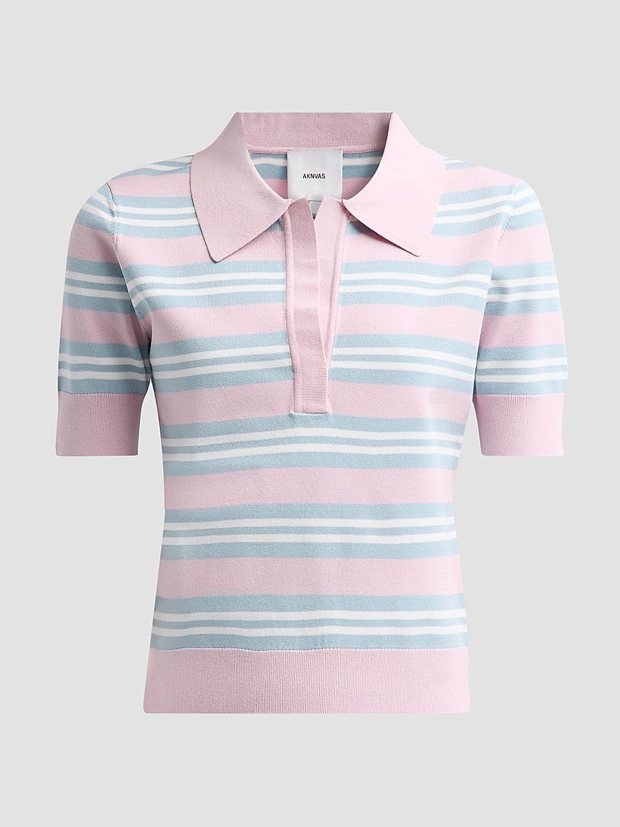 Women's Emma Striped Knit Polo Top - Blue Blush Stripe - Size XS