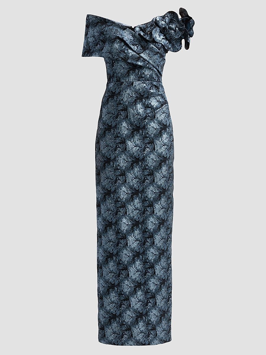 Women's 3D Floral Metallic Jacquard Columnn Gown - Slate Multi - Size 12