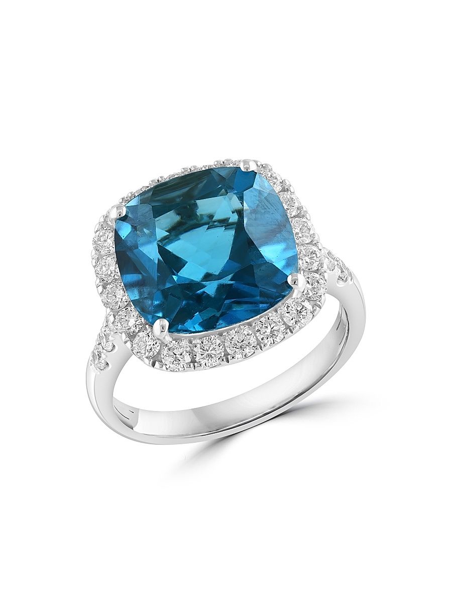 Women's 14K White Gold, London Blue Topaz & 0.75 TCW Diamond Halo Ring - White Gold - Size 7