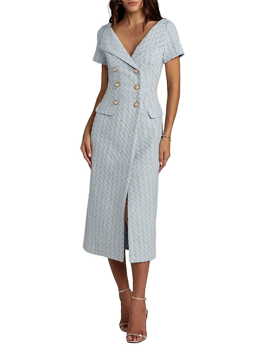 Women's Bouclé Double-Breasted Midi-Dress - Powder Blue - Size 4