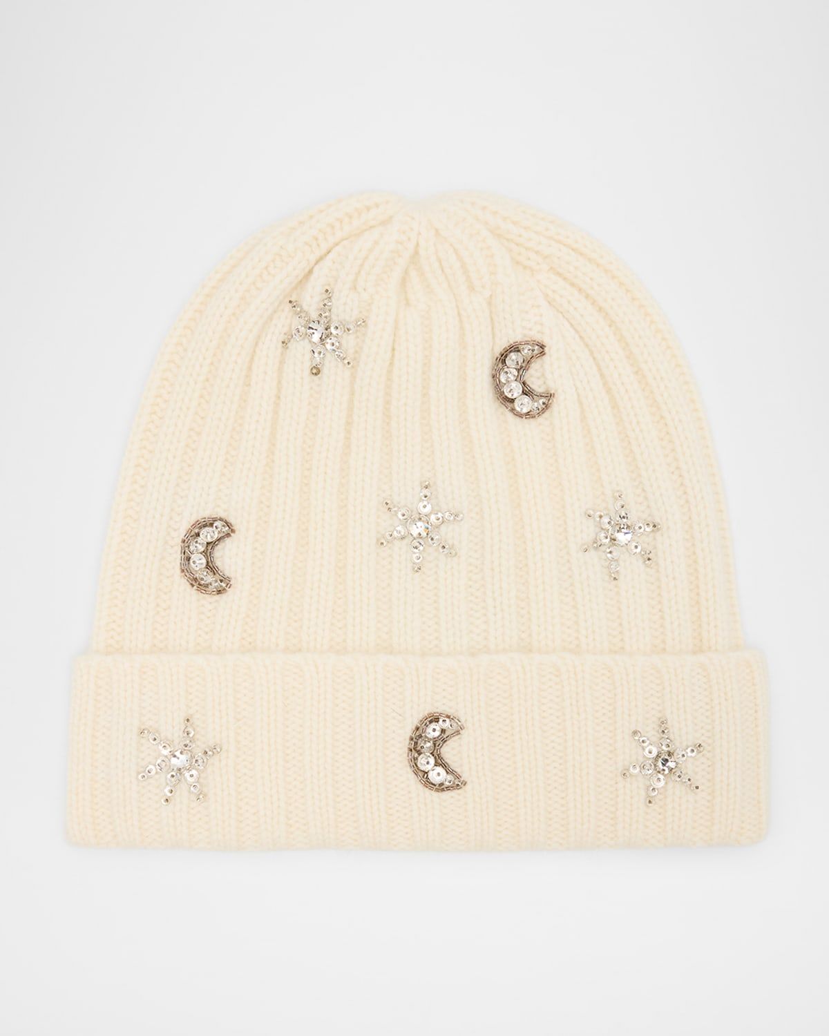 Embroidered Crystal Cashmere Rib Beanie