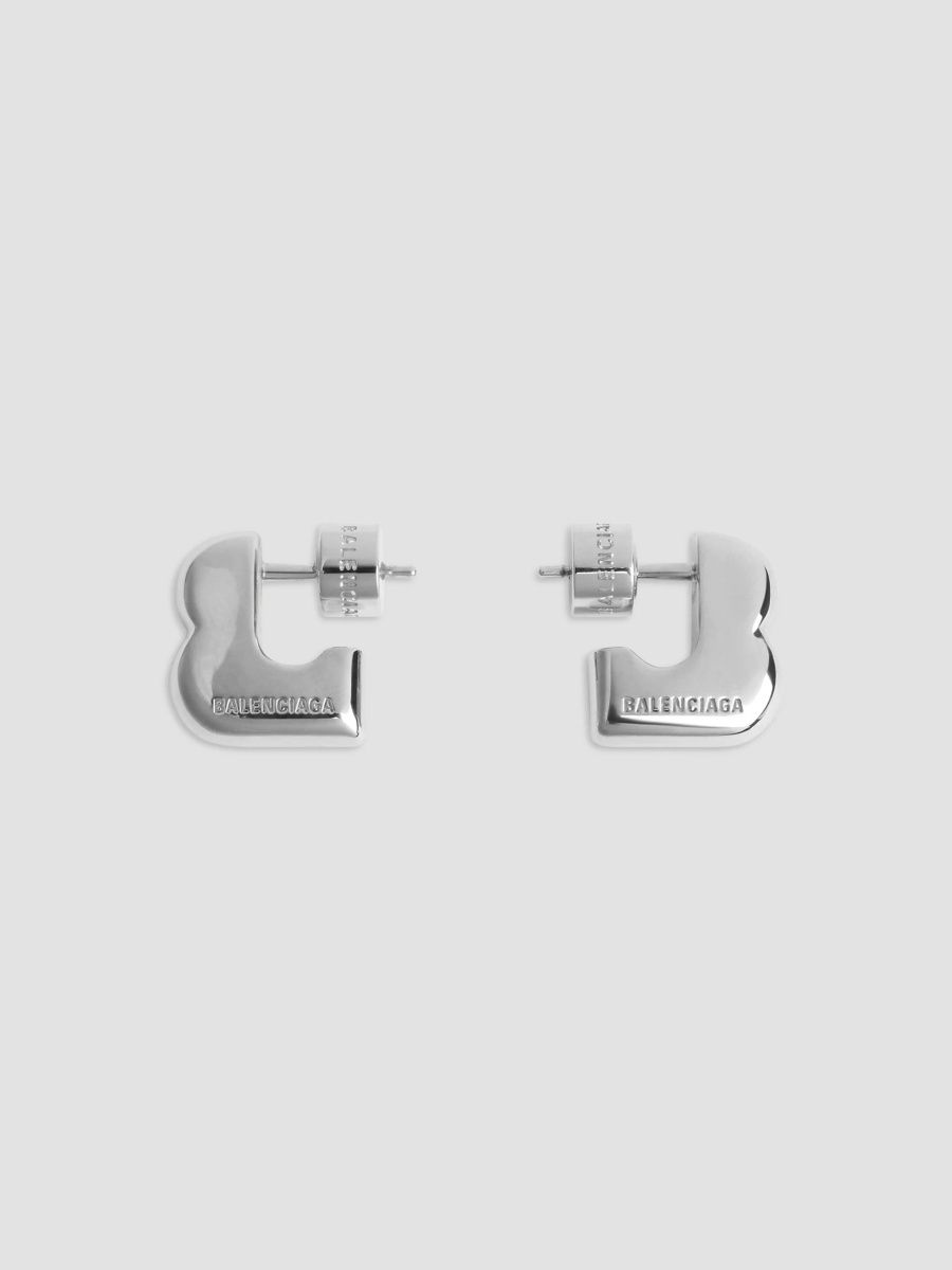 Balenciaga Men's B Block Earrings - Shiny Silver
