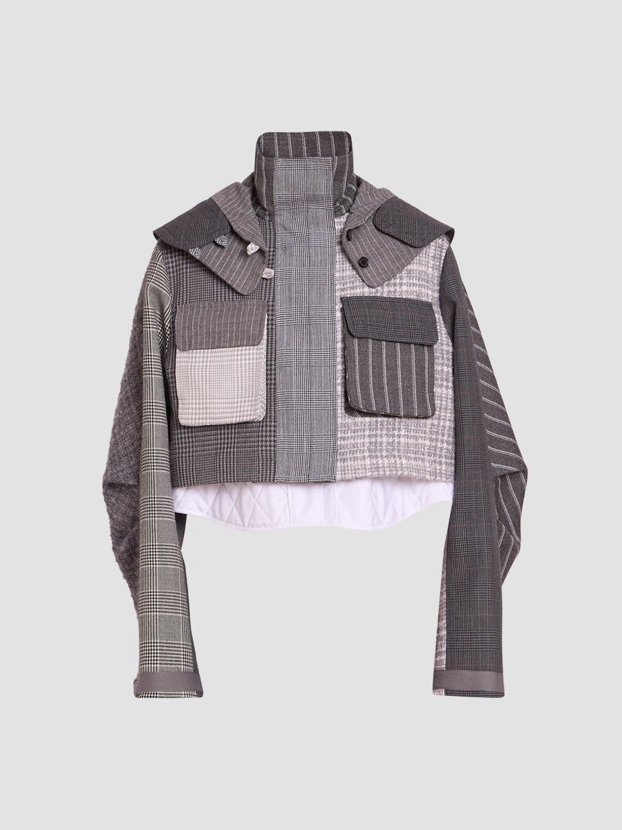Thom Browne Women's Plaid Virgin-Wool Removable Hood Crop Parka - Dark Grey - Size 4