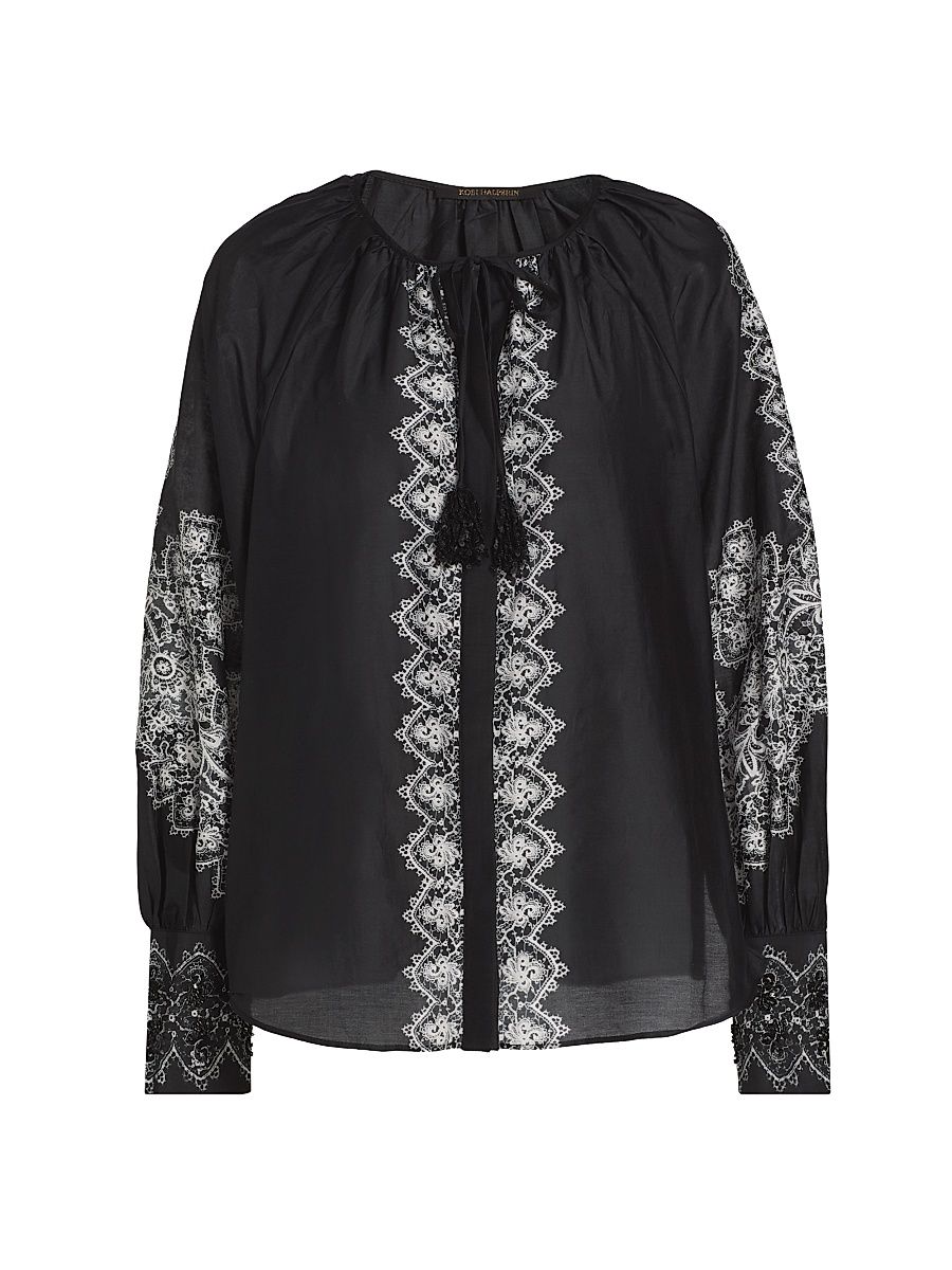 Women's Hope Lace Print Cotton-Silk Blouse - Black - Size XL