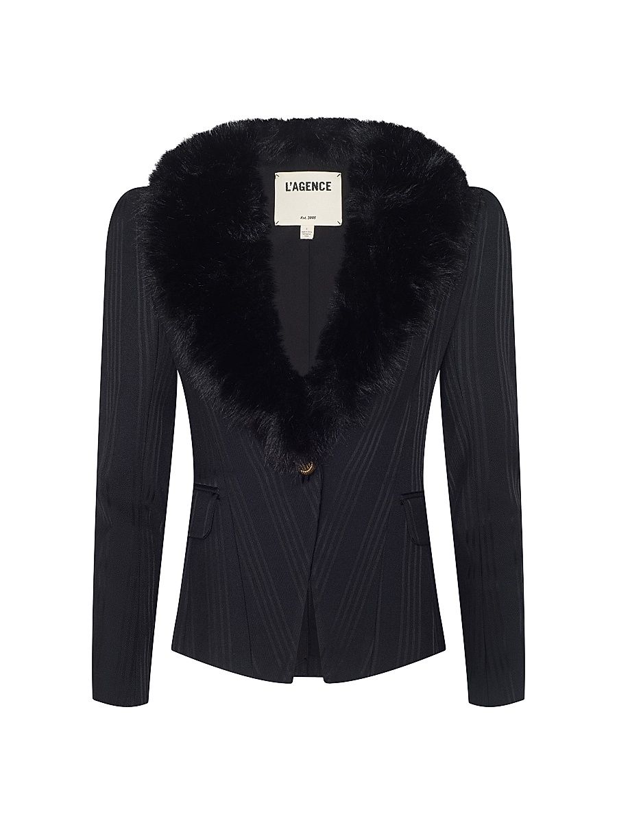 Women's Kaisley Faux Fur-Trim Single-Breasted Blazer - Black Shadow Stripe - Size 12