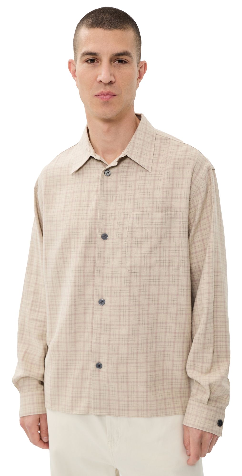 FRAME Linen Blend Plaid Shirt Beige Plaid XL