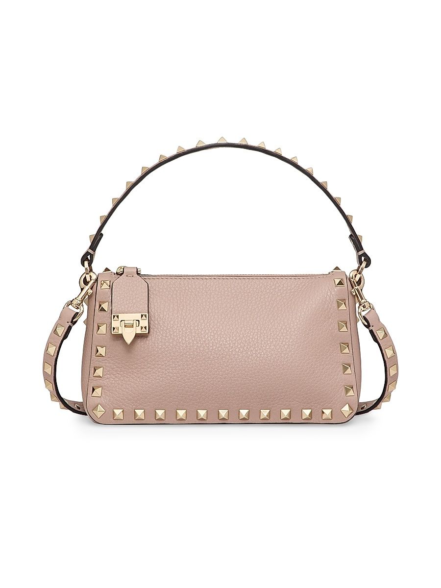 Women's Small Rockstud Grainy Calfskin Crossbody Bag - Poudre