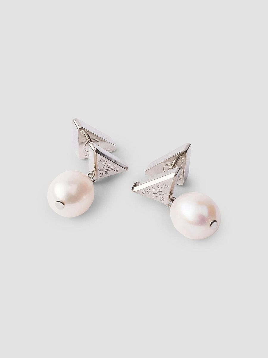 Prada Women's Metal Earrings with Pearls - Silver White