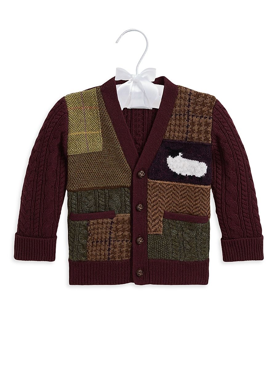 Baby Boy's Patchwork Herringbone Cardigan - Eggplant - Size 9 Months