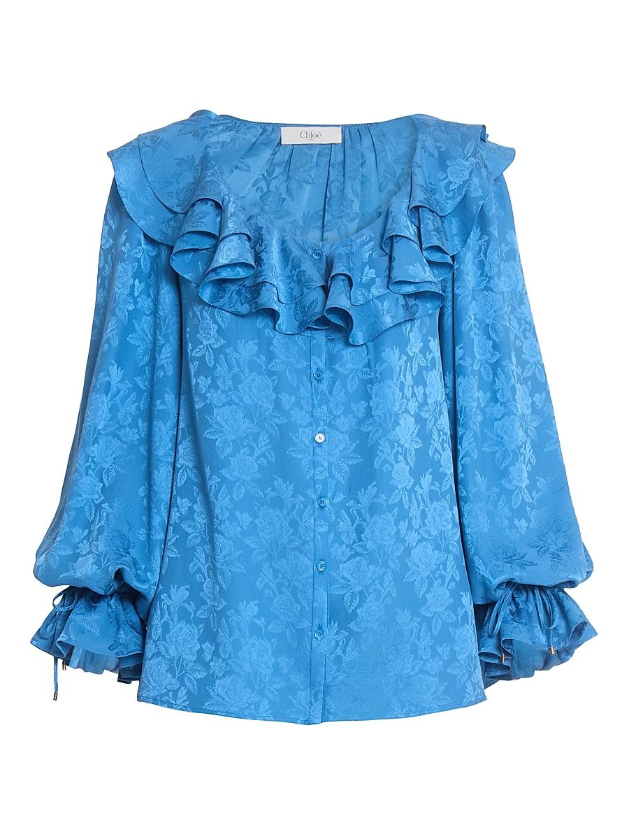 Women's Floral Ruffle Silk Blouse - Deep Water - Size 8