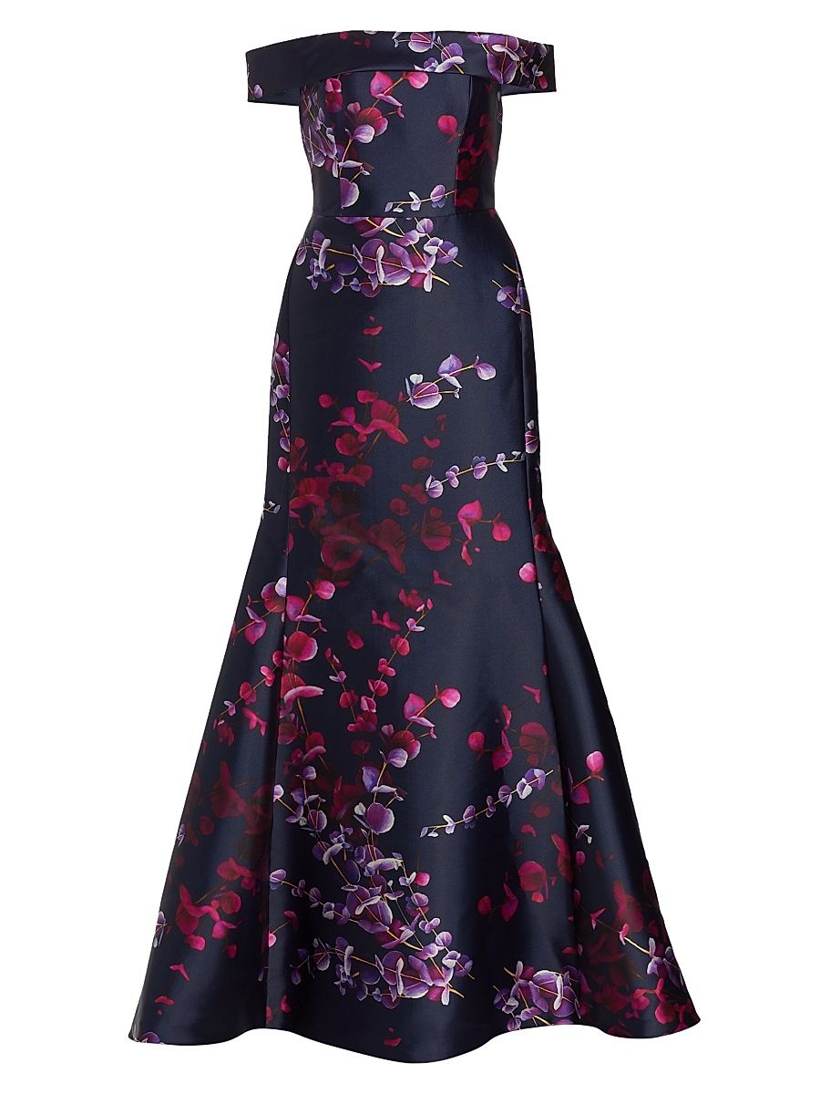 Women's Mikado Off-The-Shoulder Mermaid Gown - Navy Fuchsia - Size 0