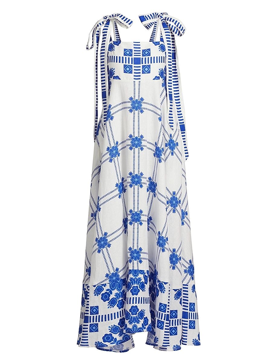 Women's Pippa Tie-Straps Printed Linen Maxi Dress - Mediterranean Foam - Size 4