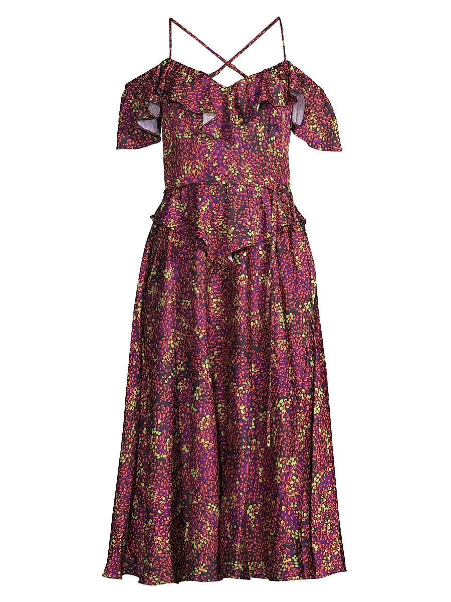 Women's Printed Off-The-Shoulder Midi-Dress - Rich Berry Animal - Size Medium