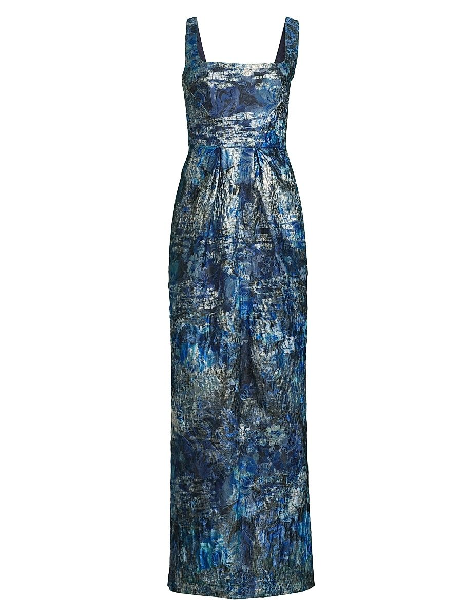 Women's Abstract Jacquard Sleeveless Gown - Blue Multi - Size 14