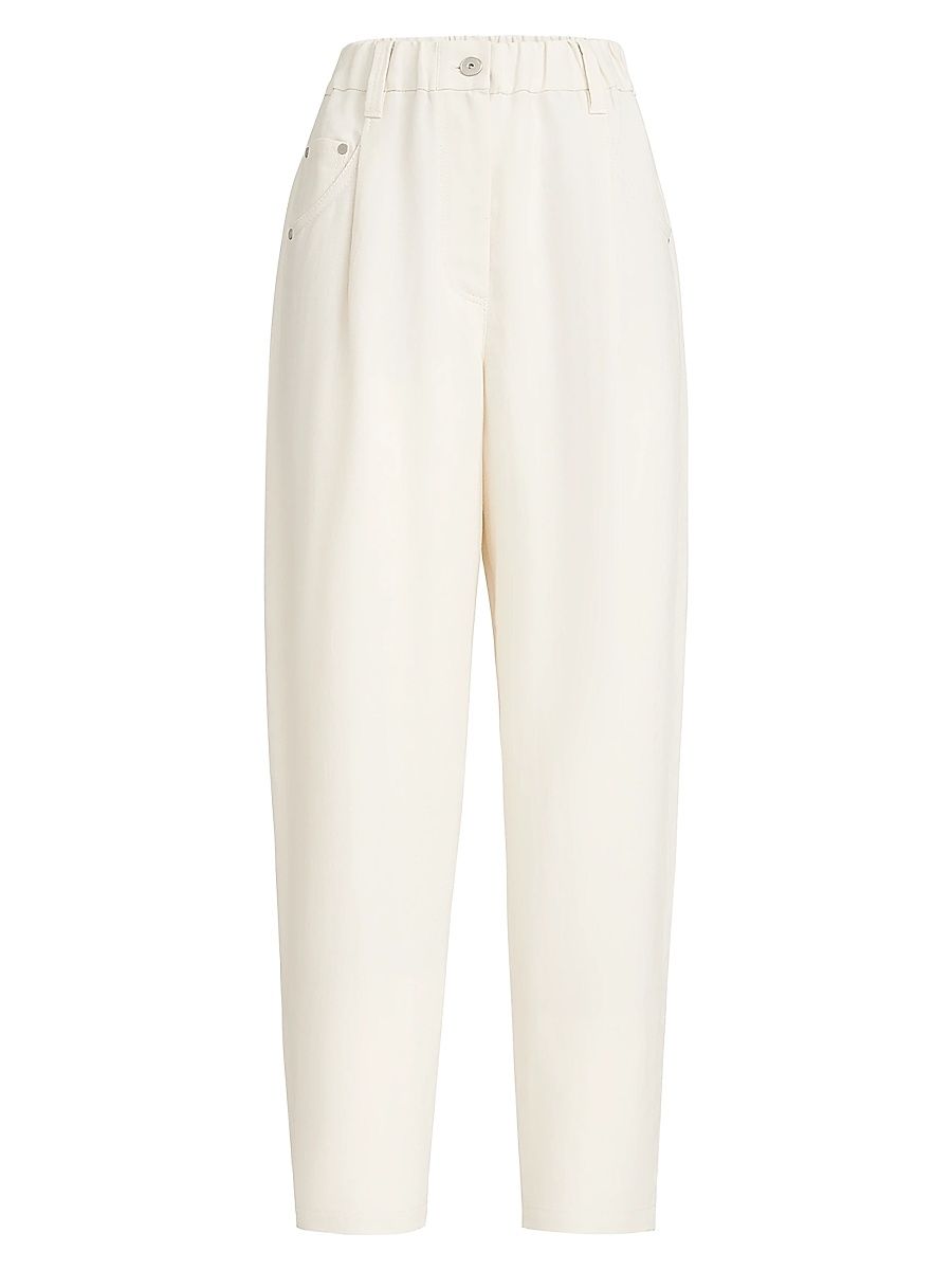 Women's Viscose and Linen Fluid Twill Baggy Trousers with Monili - Ivory - Size 16