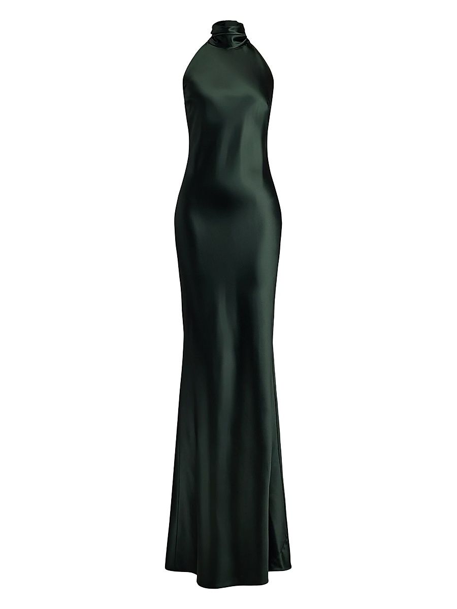 Women's Chilton Stretch-Satin Halterneck Gown - Dark Racing Green - Size 4