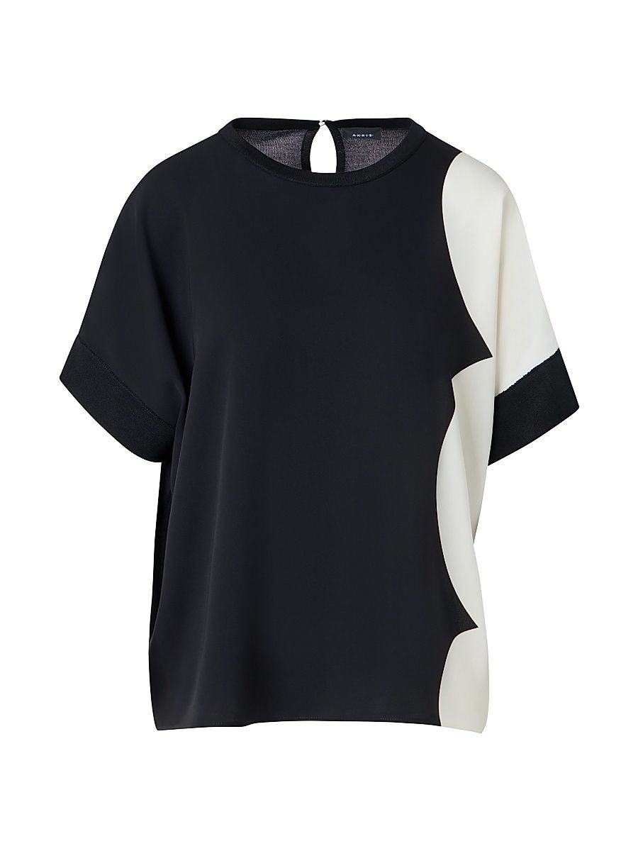 Women's Colorblocked Silk Top - Black White - Size 16