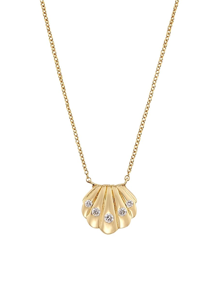 Women's 14K Yellow Gold & 0.10 TCW Diamond Clam Shell Pendant Necklace - Yellow Gold