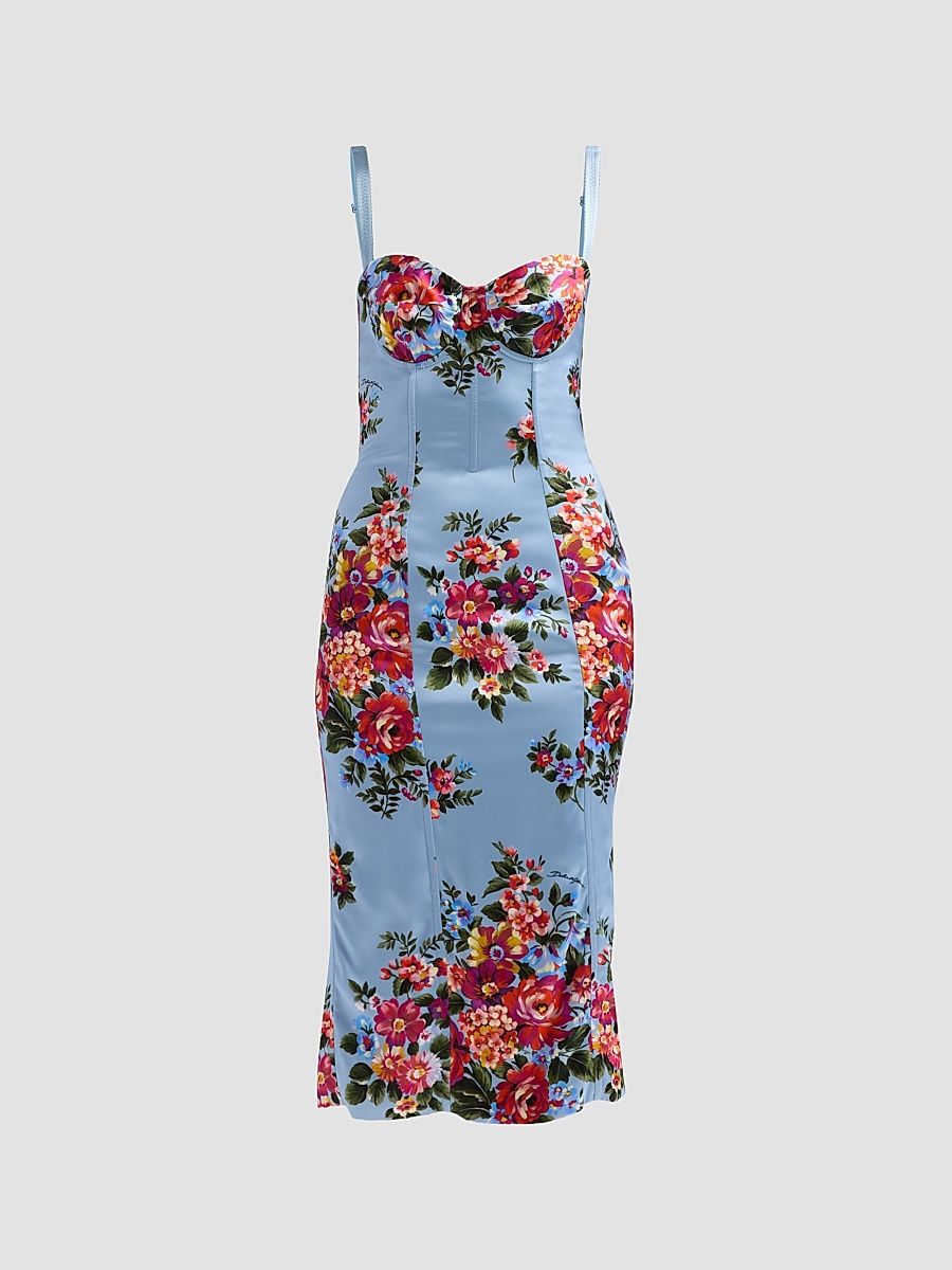 Women's Floral Satin Midi-Dress - Mazz Fiori F Celeste - Size 12