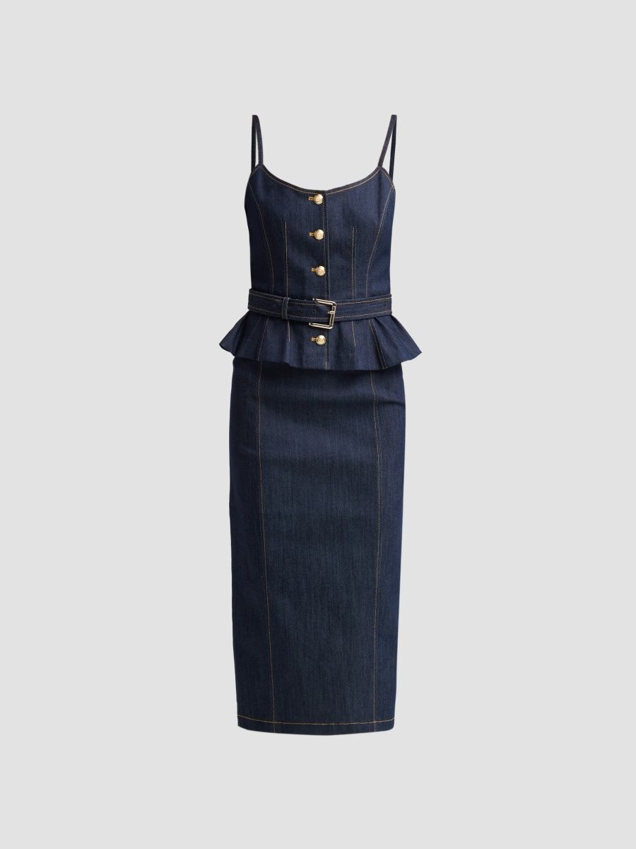 Women's Cecilia Peplum-Waist Denim Midi Dress - Indigo - Size 14
