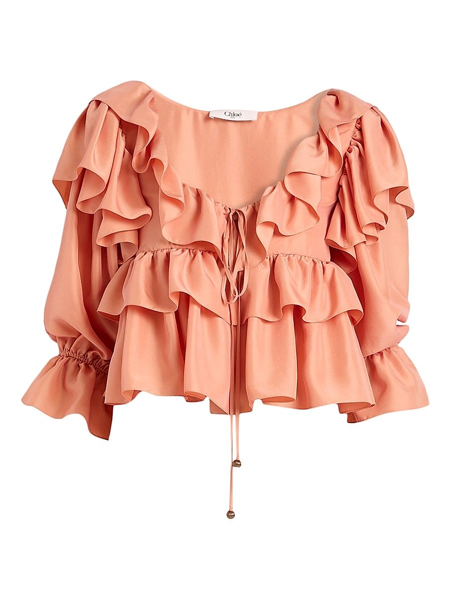 Women's Ruffled Silk Crop Blouse - Shell Coral - Size 10