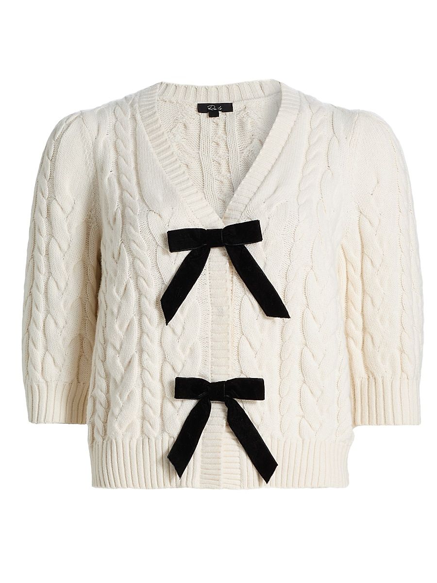 Women's Clarissa Bow-Detail Cotton-Blend Cardigan - Ivory Cables - Size Large