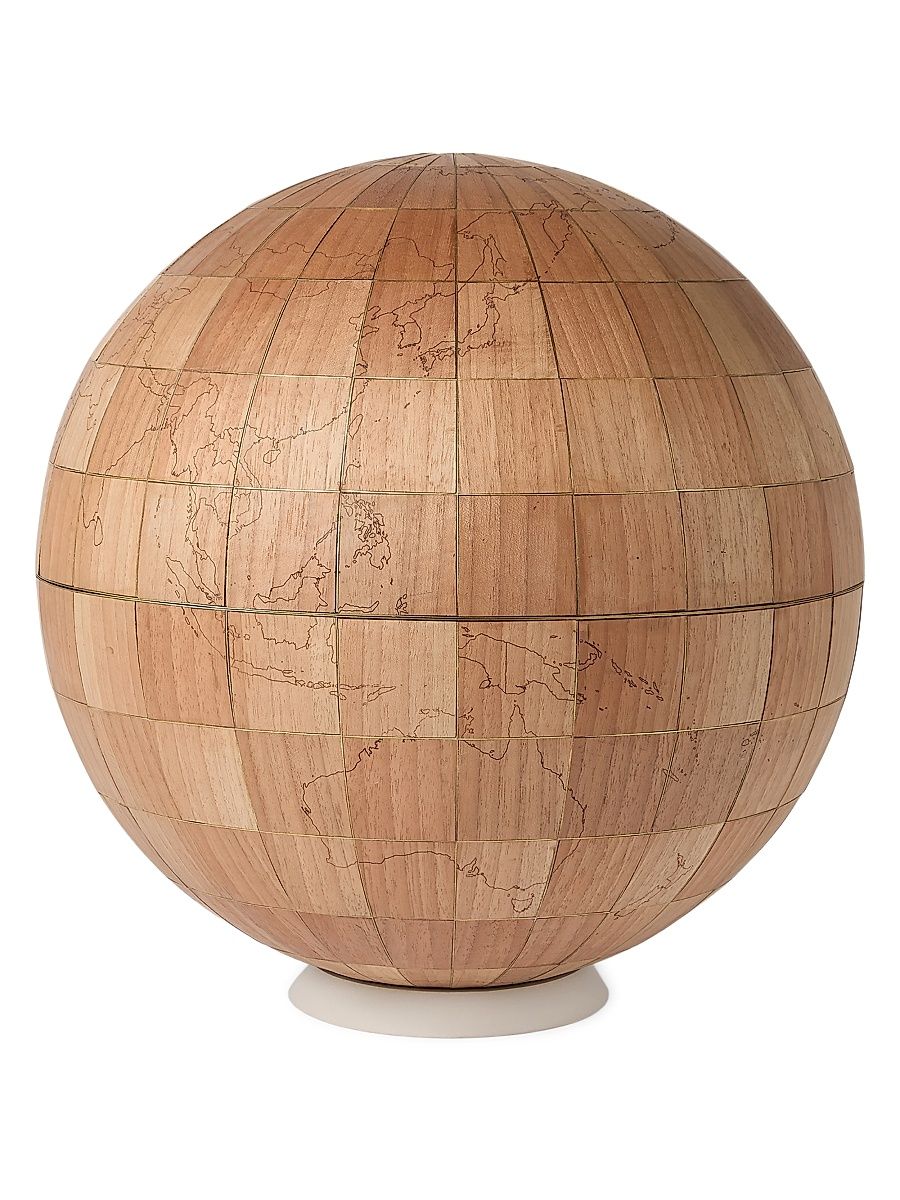 Walnut Wood, Brass and Sandstone Large Globe - Beige