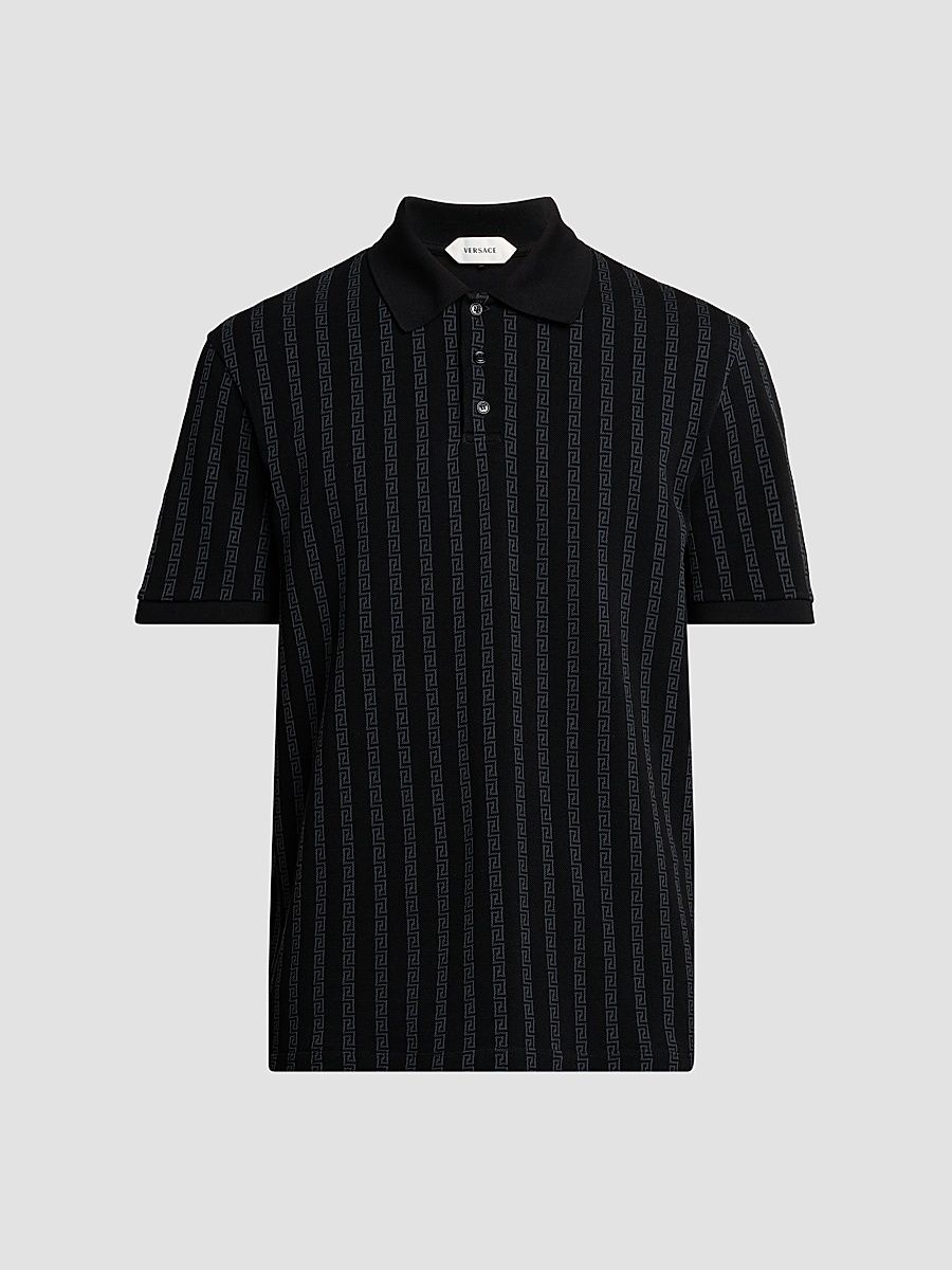 Men's Greca Jacquard Cotton Polo Shirt - Black Grey - Size XXL
