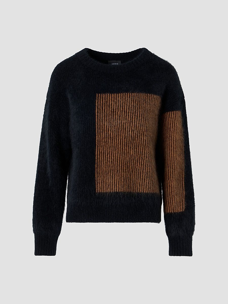 Women's Striped Cashmere Crewneck Sweater - Black Vicuna - Size 8
