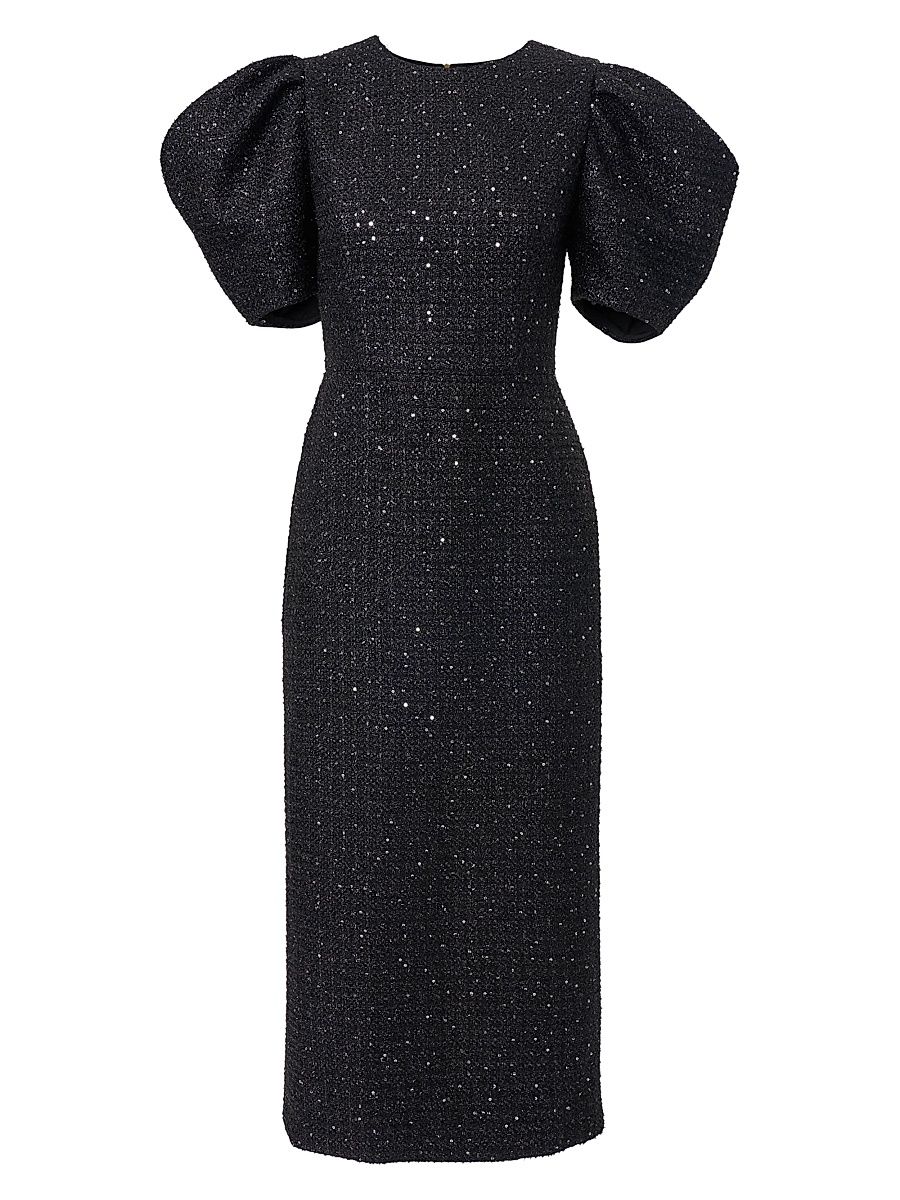 Women's Sequined Tweed Puff-Sleeve Cocktail Dress - Black - Size 14
