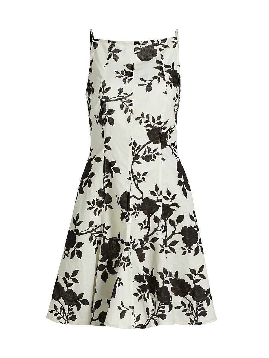 Women's Floral Linen-Cotton Fit & Flare Dress - Black And Cream - Size 12